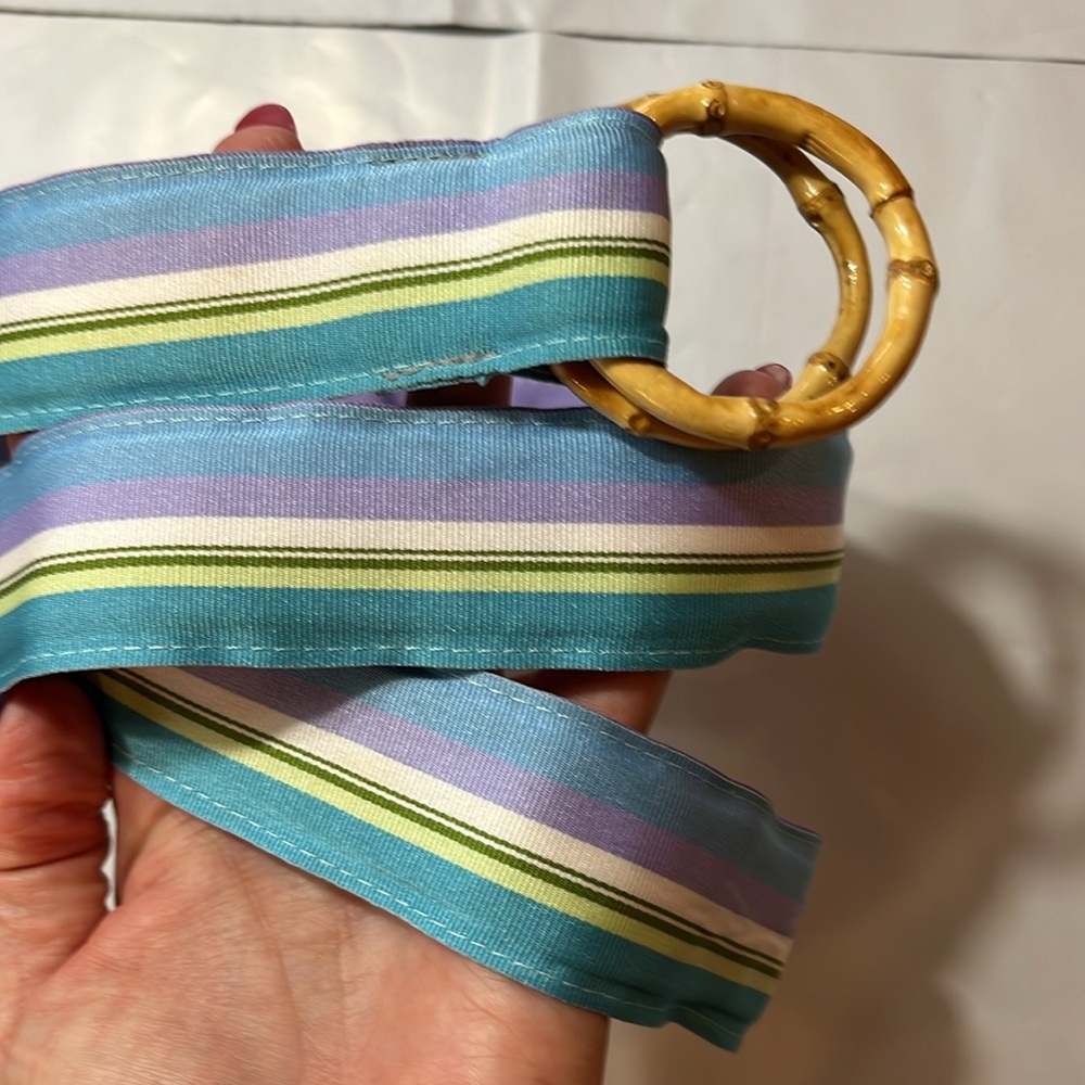Lilly Pulitzer striped belt 36” long blue purple lime white bamboo rings buckle